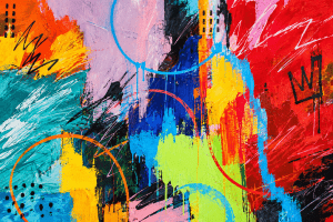 Composition abstraite contemporaine aux couleurs vives avec aplats, gestes de peinture, coulures et lignes graphiques